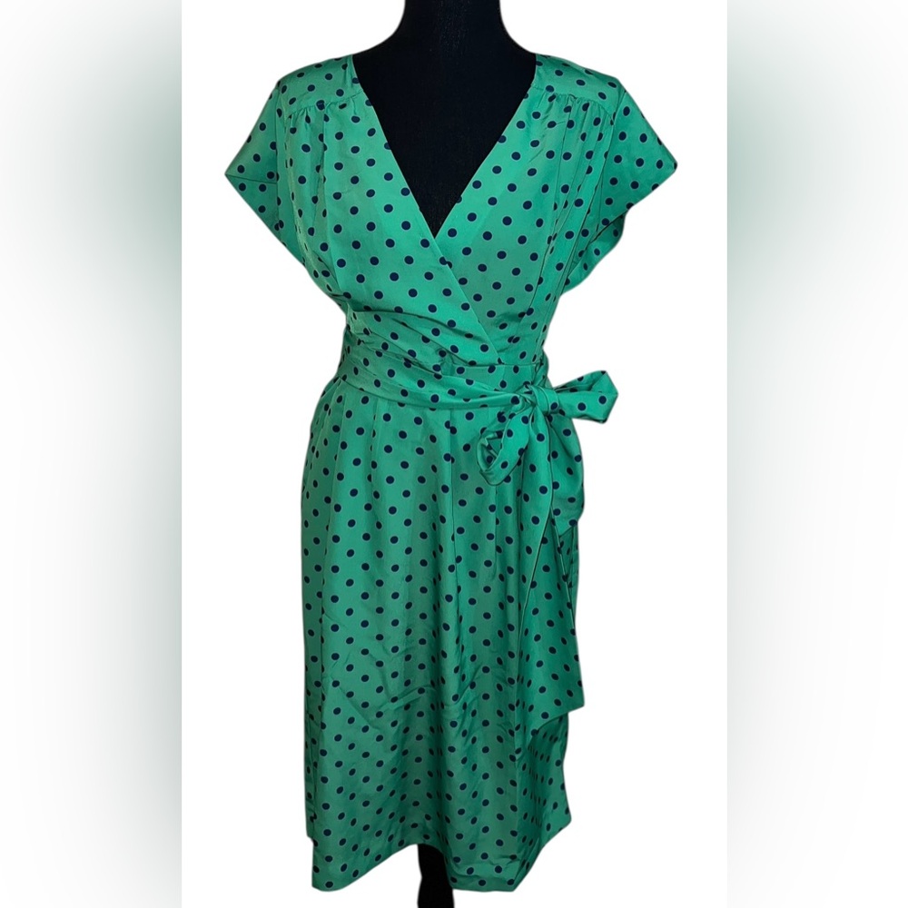 J Peterman Women’s Party Dress Green Wrap Blue Polka Dot Size 6